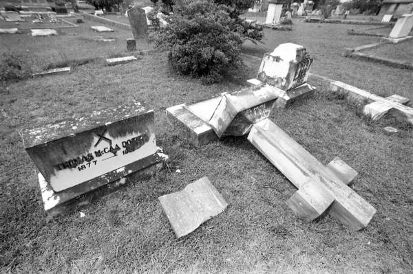 Vandalized cemetery at Old City Cemetery - Tallahassee, Florida.