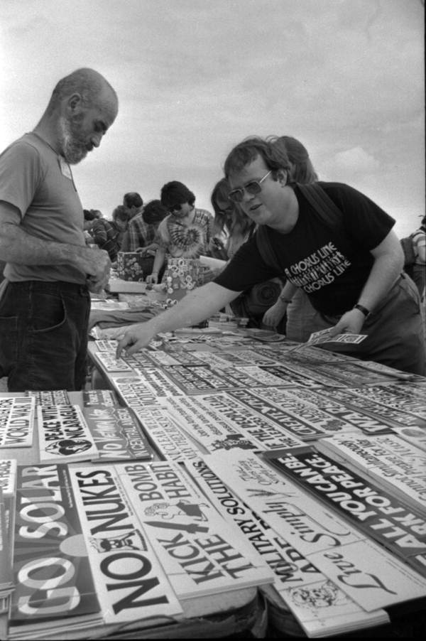 Vendor sells bumper stickers to the protestors - Cape Canaveral, Florida.
