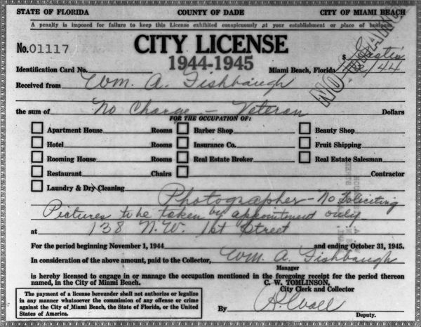 City license for photographer William A. Fishbaugh.