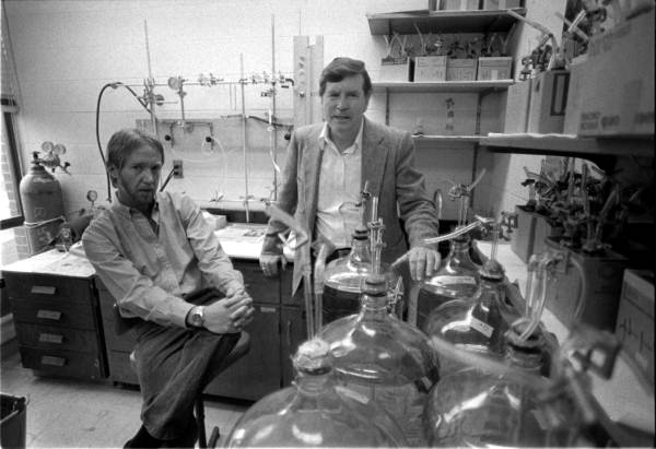 Jim Cowart and Dr. William Burnett stand in a Radan laboratory at FSU - Tallahassee, Florida