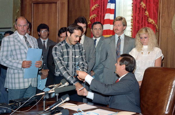 Governor Bob Martinez gives Nick Linsalata a proclaimation for heroic efforts - Tallahassee, Florida.