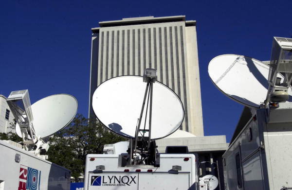 Close-up view of satellite trucks parked by the Capitol during the 2000 Presidential election vote dispute.