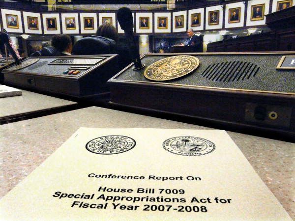 HB7009, the Special Appropriations Act Conference Report for 2007-2008 is shown as it lays on a House member's desk - Tallahassee, Florida
