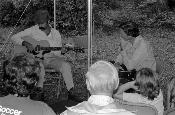 Gamble Rogers, right, with Roy Book Binder in a music workshop at the 1982 Florida Folk Festival in White Springs.