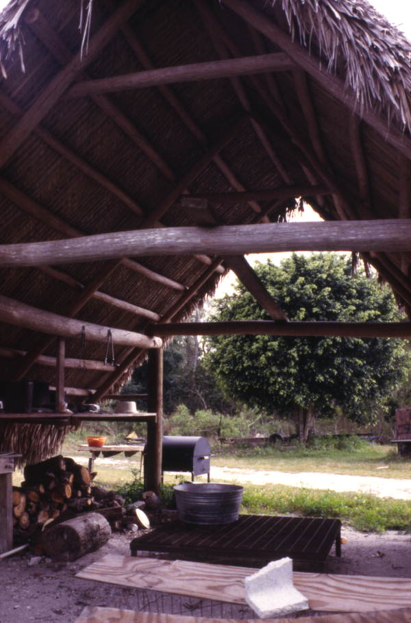 Interior view of a Seminole Indian chickee hut at the Big Cypress Seminole Indian Reservation.