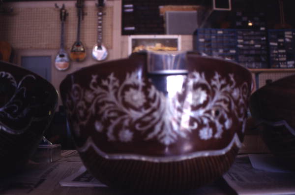 Close-up view showing a bouzouki made by Dimitris Adamopoulos at the Hollywood Music Shop - Hollywood, Florida.
