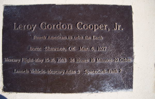 Close-up view showing the plaque for astronaut Leroy Gordon Cooper, Jr. in Space View Park near the U.S. Space Walk of Fame Museum in Titusville, Florida.
