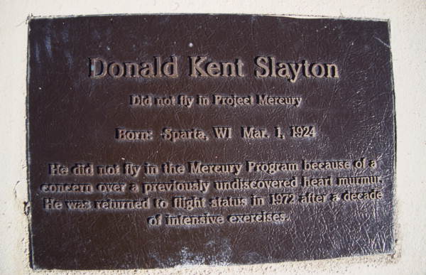 Close-up view showing the plaque for astronaut Donald Kent Slayton in Space View Park near the U.S. Space Walk of Fame Museum in Titusville, Florida.