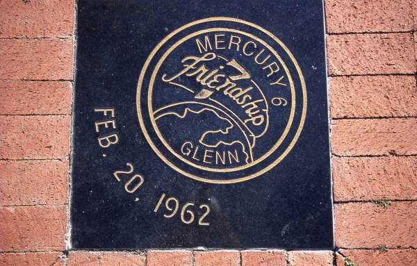Close-up view showing Mercury 6 mission logo carved in black granite at Space View Park near the U.S. Space Walk of Fame Museum in Titusville, Florida.