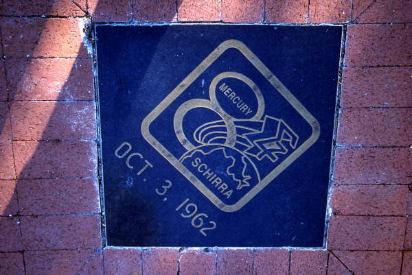 Close-up view showing Mercury 8 mission logo carved in black granite at Space View Park near the U.S. Space Walk of Fame Museum in Titusville, Florida.