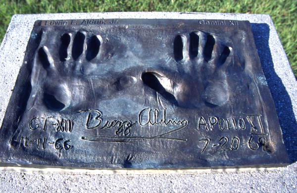 Close-up view showing the handprints of astronaut Edwin E. "Buzz" Aldrin in Space View Park near the U.S. Space Walk of Fame Museum in Titusville, Florida.