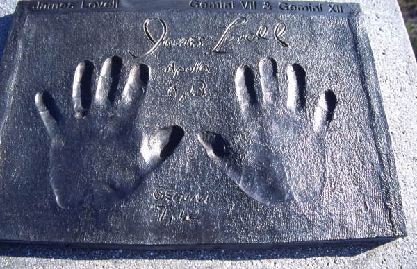 Close-up view showing the handprints of astronaut James Lovell in Space View Park near the U.S. Space Walk of Fame Museum in Titusville, Florida.
