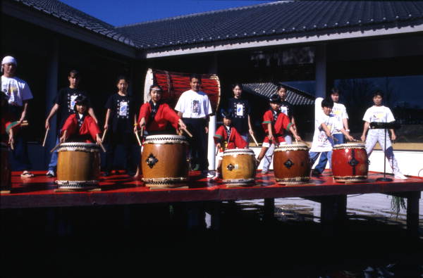 View showing a Japanese taiko drum ensemble practice session at the Ran-Getsu restaurant in Orlando, Florida.