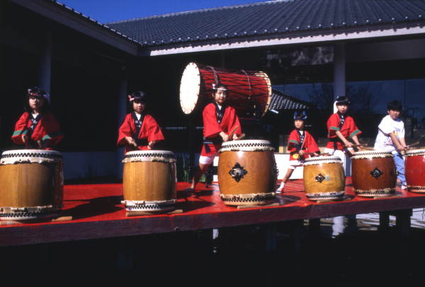 Japanese taiko drum ensemble practice session at the Ran-Getsu restaurant in Orlando, Florida.