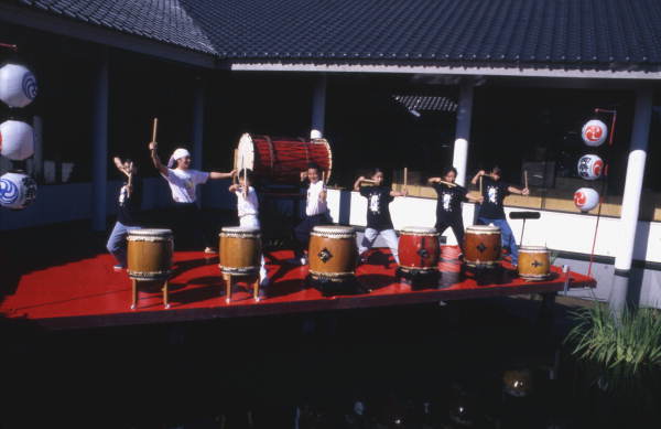 View of a Japanese taiko drum ensemble during a practice session at the Ran-Getsu restaurant in Orlando, Florida.