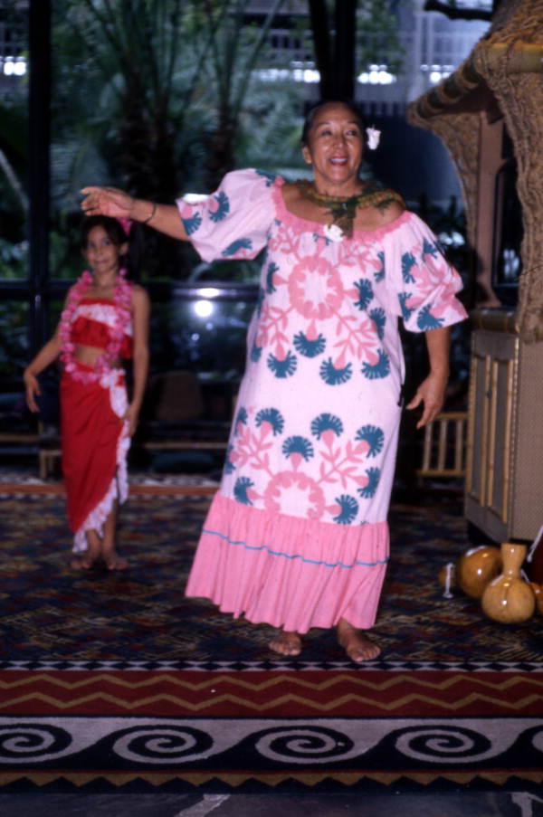 View showing Kaui Brandt and one of her dance students at the Disney Polynesian Resort in Orlando, Florida.