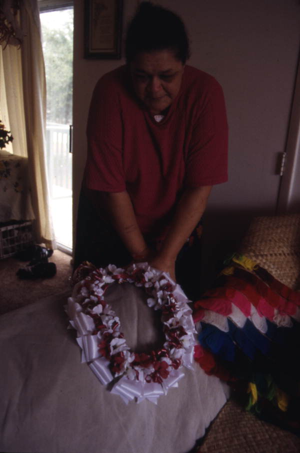 Lilly Koroitamudu with a lei she made in Orlando, Florida.