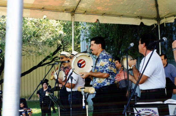 Los Pleneros de Borinquen performing Puerto Rican plena music at the Historical Museum of Southern Florida's Harvest Festival in Miami, Florida.
