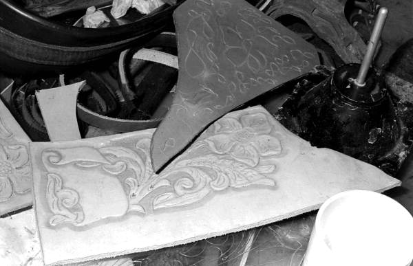 Pieces of leather to be used to make a saddle at Cauley's Feed and Saddle Shop- Lakeland, Florida