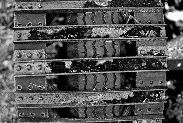 Close-up view of tracks on the wheels of a hunter's swamp buggy - Homestead, Florida