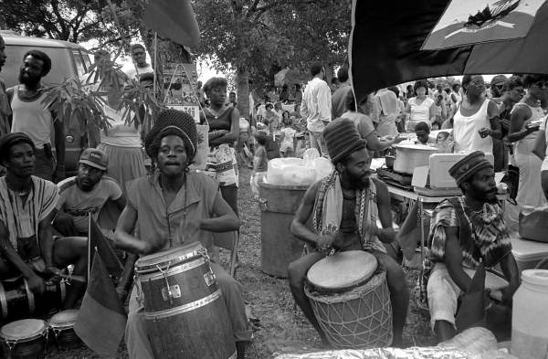 Members from Rasta Samba Gynin playing conga drums during Jamaican Independence Day festival - Miami, Florida.