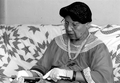 Marian Bowers making a palmetto stem basket - Brighton Seminole Indian Reservation, Florida.