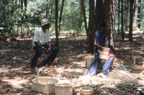 Apprentice Michael Steen watches Alphonso Jennings working on a white oak basket - Lamont, Florida