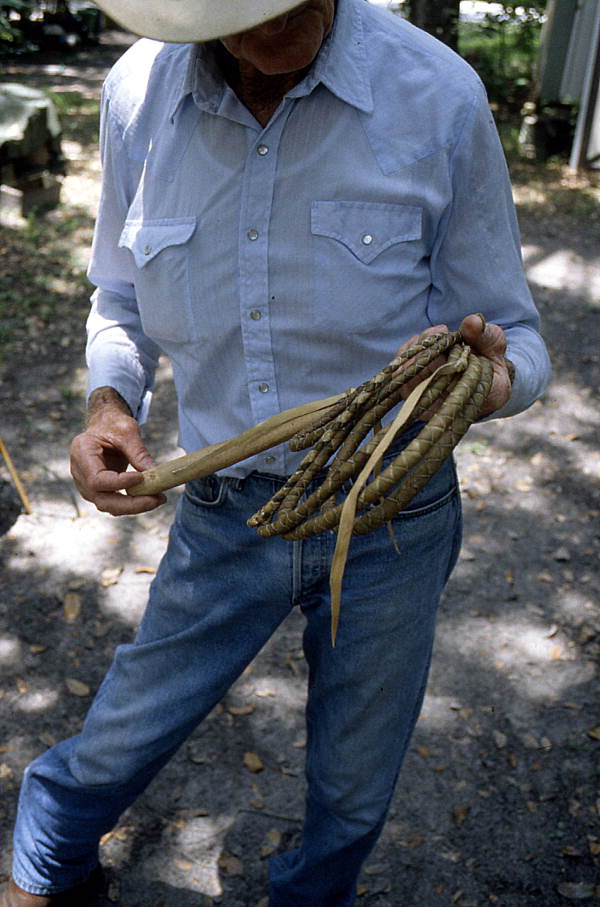 Cow whip maker George "Junior" Mills holding whip - Okeechobee, Florida.