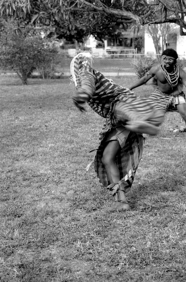 Nigerian acrobatic dancers Felix (l) and Augustine Omeben practicing - North Miami, Florida.