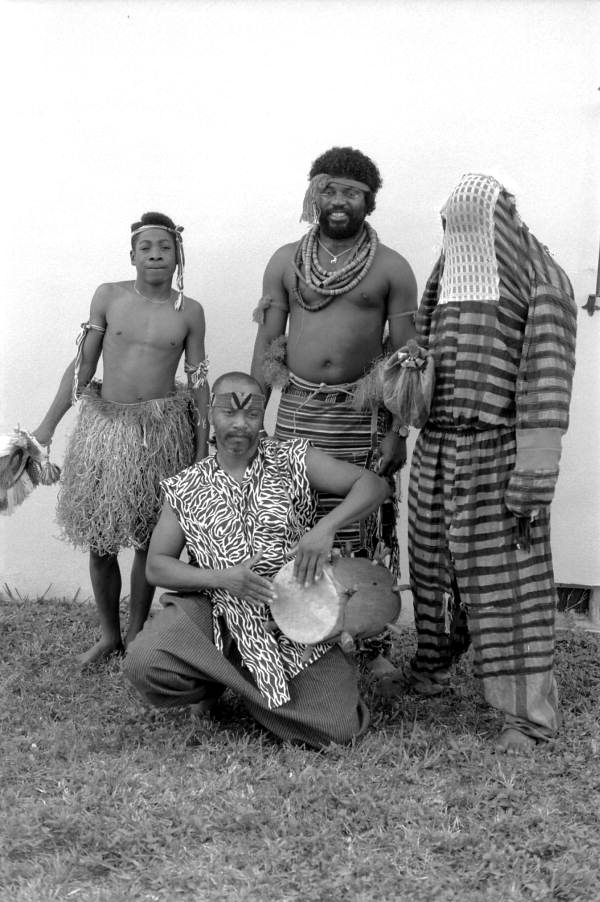 Nigerian acrobatic dancers Augustine and Felix Omeben with apprentices Akila Baki and Moses Campbell - North Miami, Florida.