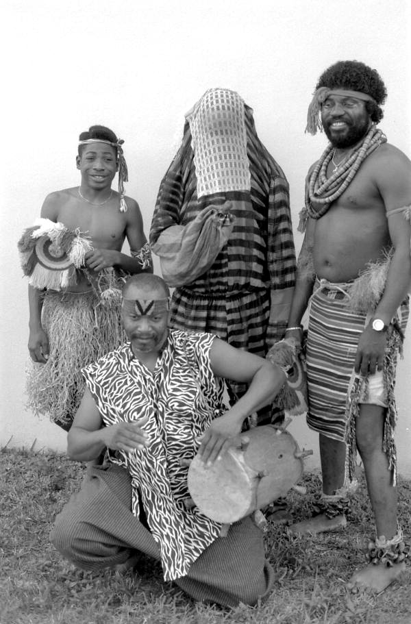 Nigerian acrobatic dancers Augustine and Felix Omeben with apprentices Akila Baki and Moses Campbell - North Miami, Florida.