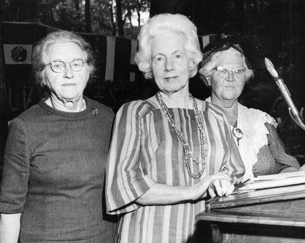 Sarah Gertrude Knott (c), Director of the National Folk Festival, with Lillian Saunders (l) and Thelma Boltin (r) - White Springs, Florida