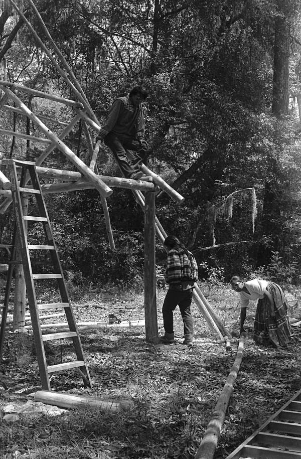 Seminole chickee under construction at the 1985 Florida Folk Festival - White Springs, Florida