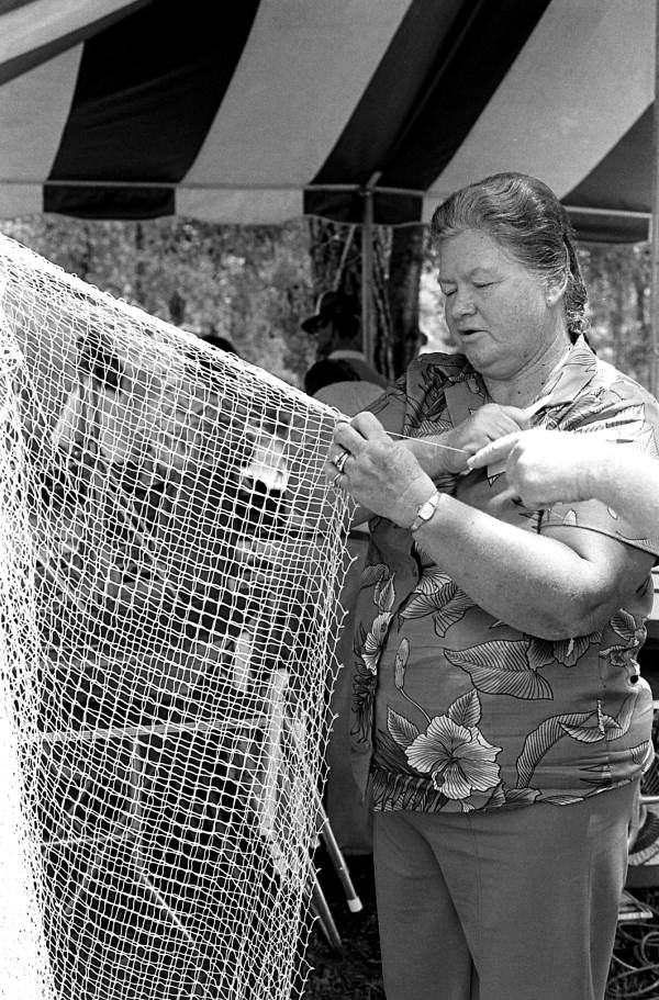 Jean Smith demonstrating net making at the 1987 Florida Folk Festival - White Springs, Florida