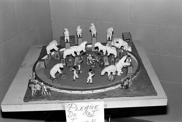 Carved circus figures by Harold Dunn at the 1988 Florida Folk Festival - White Springs, Florida