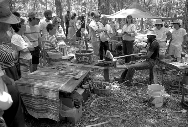 Tom Thompson preparing white oak strips for basket making at the 1988 Florida Folk Festival - White Springs, Florida