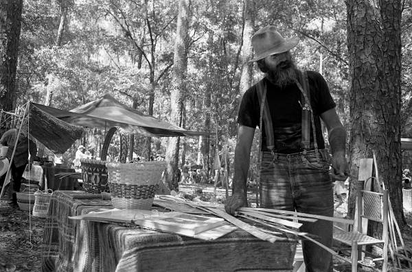 Tom Thompson, maker of white oak baskets, at the 1988 Florida Folk Festival - White Springs, Florida