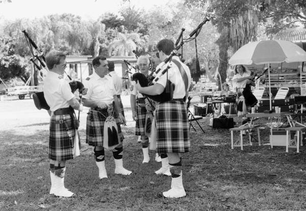 Scottish American bagpipers warming up at Key Biscayne Scottish Games- Key Biscayne, Florida.