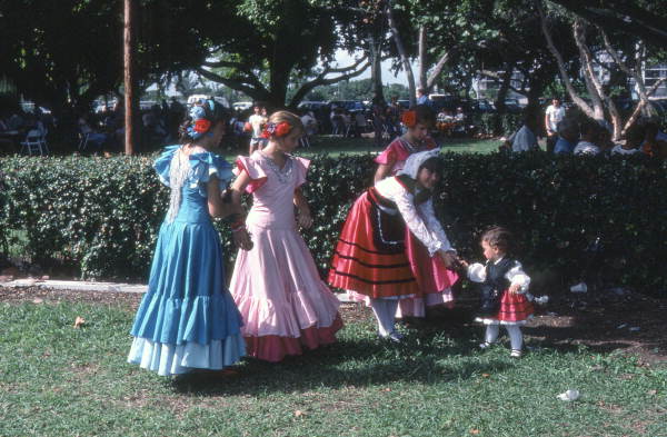 Flamenco dancers and children at Spanish fiesta - Miami Beach, Florida.