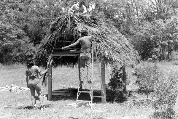 People building a chickee - Florida