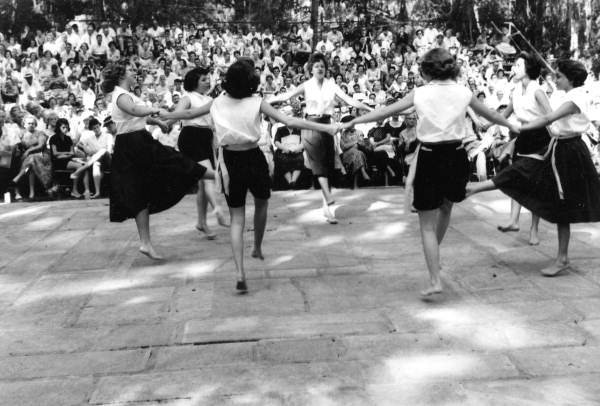 Israeli folk dancers from the Young Judean Club of Jacksonville performing at the 1959 Florida Folk Festival- White Springs, Florida