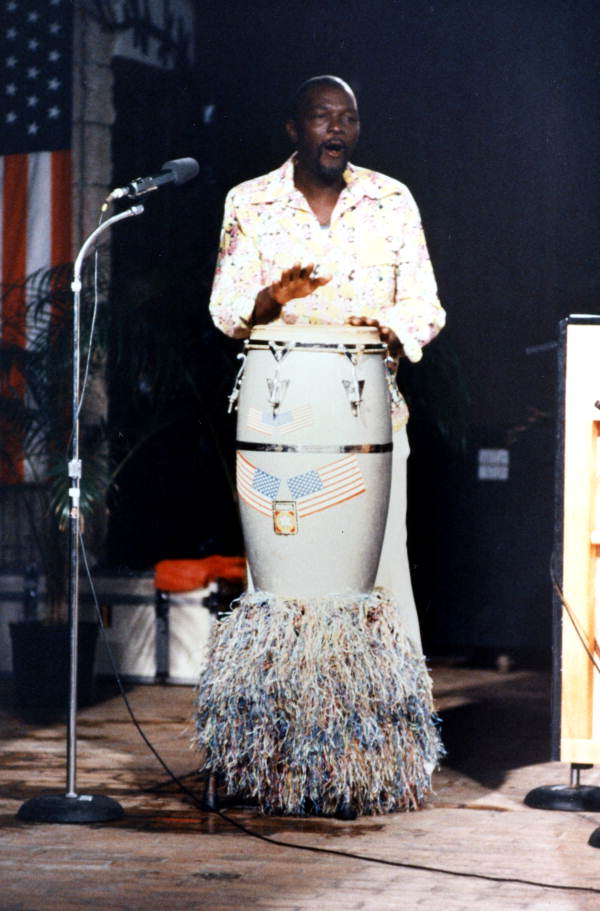 Key West Island Junkanoos conga drummer performing at the 1984 Florida Folk Festival - White Springs, Florida