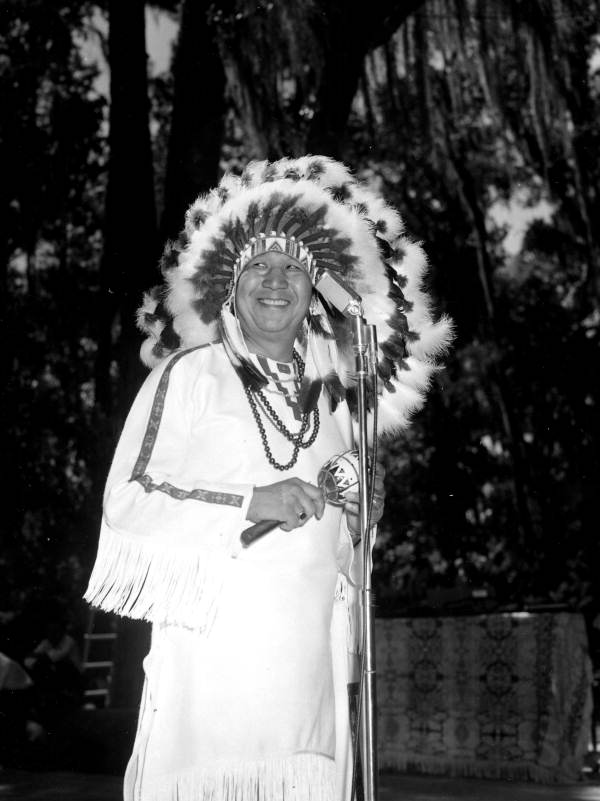 Creek Indian painter Fred Beaver speaking at the 1959 Florida Folk Festival- White Springs, Florida