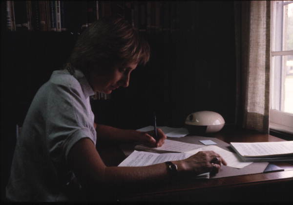 Folklorist Nancy Nusz working at her desk at the Florida Folklife Archive- White Springs, Florida