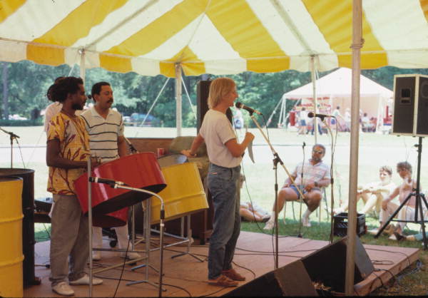 Folklorist Nancy Nusz introducing the Southwest Florida Steel Drum Band at the 1988 Florida Folk Festival- White Springs, Florida