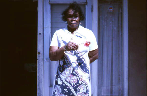 Mrs. Scunions holding a corn husk mop model - Miami, Florida.