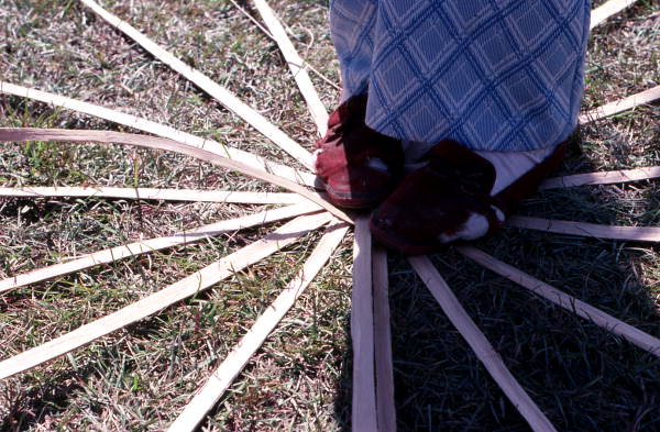 Scene from process of white oak basket making by Lucreaty Clark