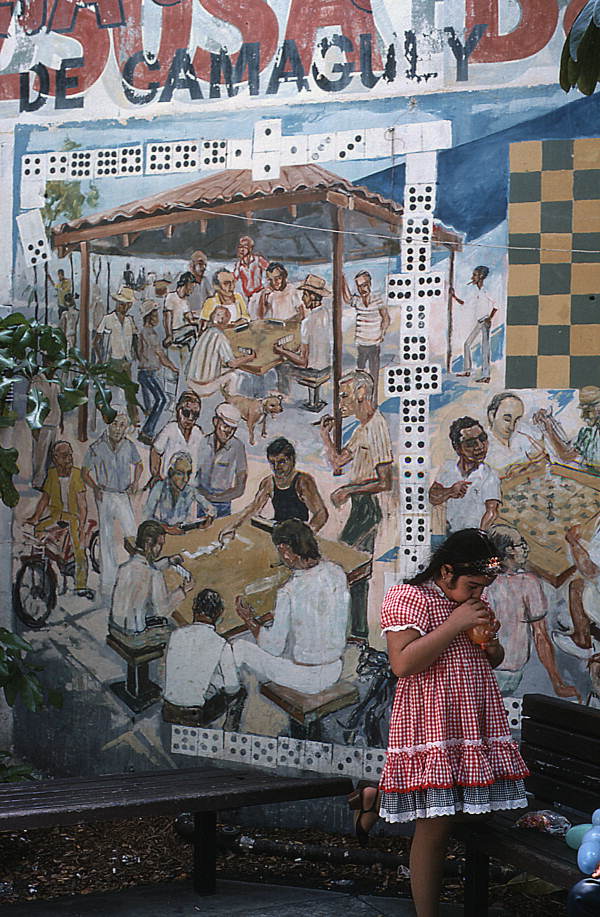 Painting of Cuban American men playing dominoes in Little Havana - Miami, Florida.