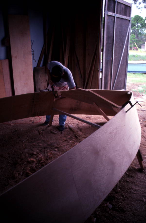 Bobby Shiver building an oyster skiff - Eastpoint, Florida