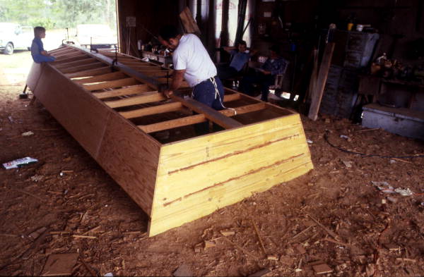 Bobby Shiver building an oyster skiff - Eastpoint, Florida